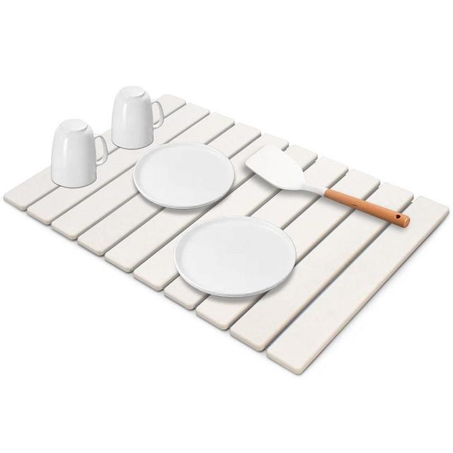 Large Stone Dish Drying Mat for Kitchen Counter, 24"(L)×16"(W), Collapsible Quick Drying Dish Mats, Ultra Absorbent Diatomaceous Earth Mats for Dishes Bottles Cups, Match Any Countertop