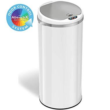 iTouchless 13 Gallon Touchless Sensor Trash Can with Odor Filter System, Round White Steel Garbage Bin, Perfect for Home, Kitchen, Office