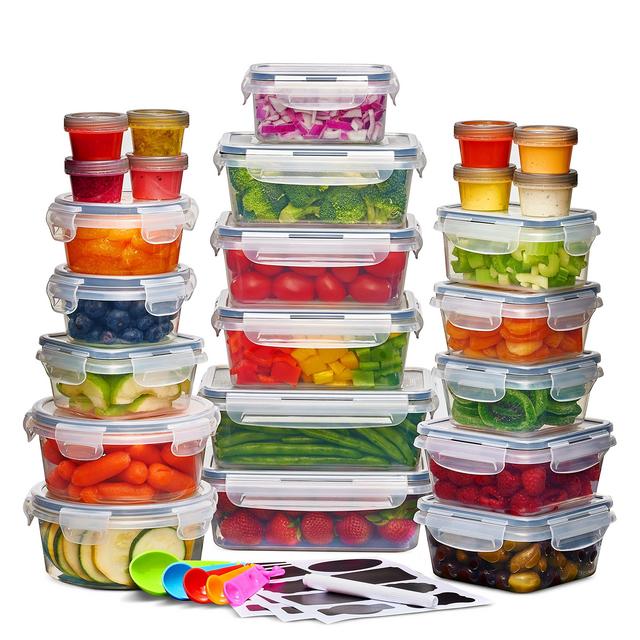 24 Pack Airtight Food Storage Container Set - BPA Free Clear Plastic Kitchen and Pantry Organization Meal Prep Lunch Container with Durable Leak Proof Lids - Labels, Marker Spoon Set