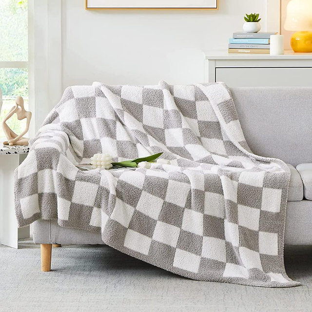 WRENSONGE Checkered Throw Blanket, Light Grey Microfiber Soft Cozy Fluffy Warm Hand Made Throw Blankets for Couch, Sofa, Chair, Bed, Camping, Picnic, Travel Lightweight Bed Blanket - 50"*70"