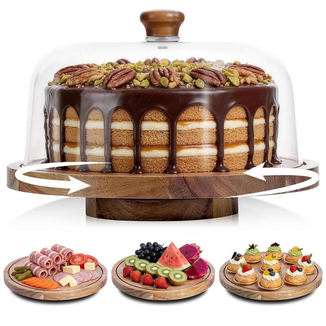 JOCHER Acacia Wood Cake Stand with Lid, 12in Wooden Cake Stand with Dome, Cake Display Stand with Acrylic Dome for Baking, Wedding, Kitchen, Birthday, Parties