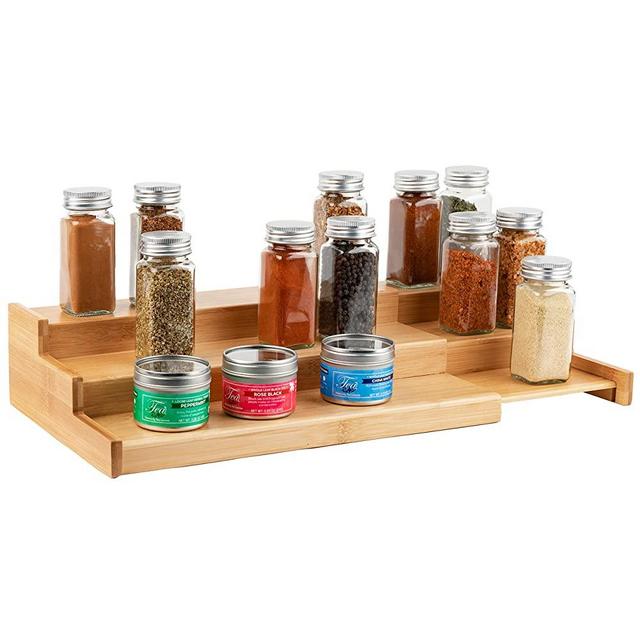 Homeries Bamboo Expandable 3-Tier Spice Rack Modern Design Waterproof Kitchen Organizer for Pantry Cabinet or Countertop Use
