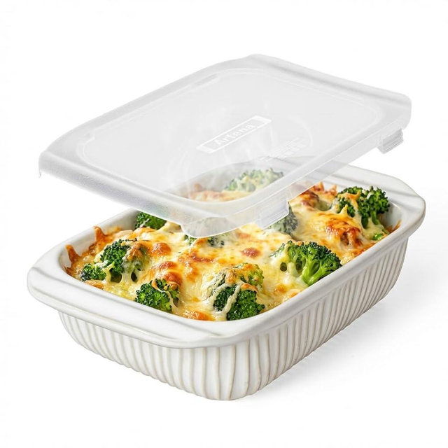 Artena Baking Dish 2.3 Quarts, Casserole Dishes For Oven, Baking Pan With Handles, Lasagna Pan Deep, Large Casserole Dish, Rectangular Ceramic Bakeware, White (Baking Dish With Lids)