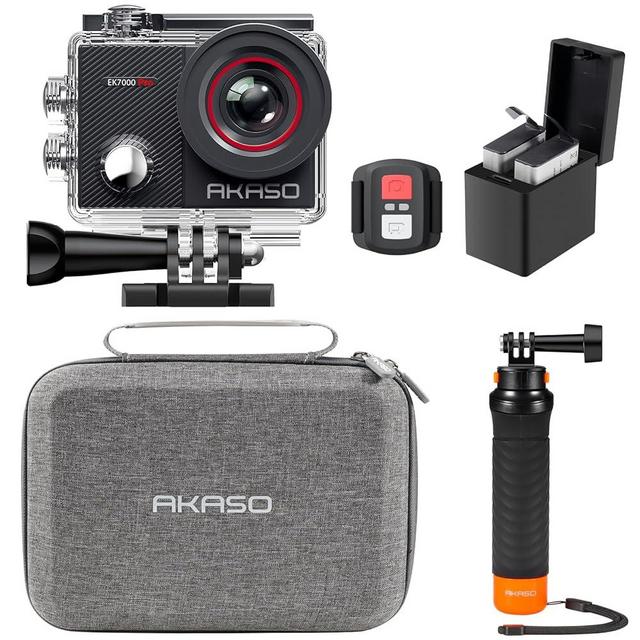 AKASO EK7000 Pro 4K30 Action Camera with Touch Screen EIS 131FT Waterproof Underwater Camera 5X Zoom Remote Control with Waterproof Floating Hand Grip Bundle and Carrying Case Accessories Kit Bundle