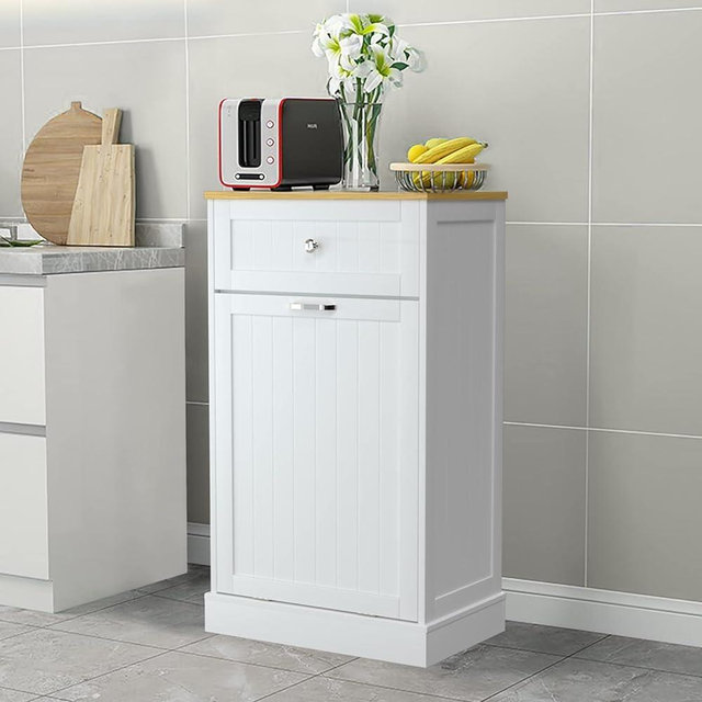 GAZHOME Tilt Out Trash Cabinet, Wooden Free Standing Trash Cabinet,Recycling Cabinet with Hideaway Drawer,10 Gallon Tilt Out Trash Cabinet Kitchen(White)