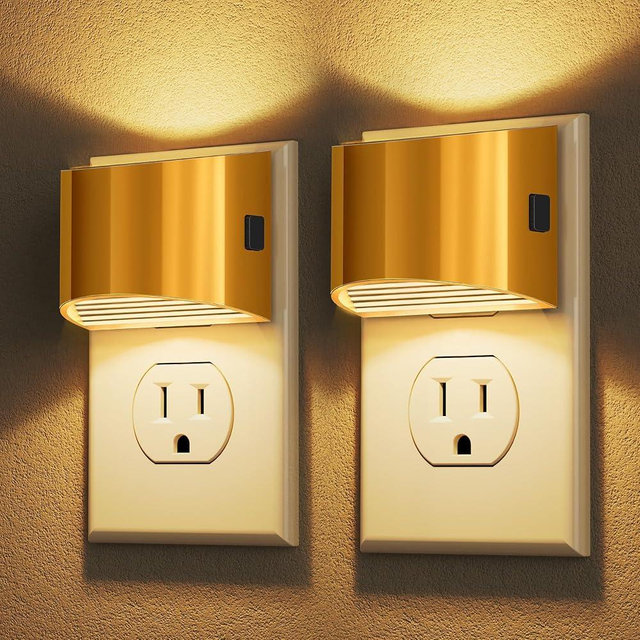DORESshop LED Night Light[2 Pack], Golden Night Lights Plug into Wall, 3 Level Brightness Adjustable Plug in Night Light, Dusk to Dawn Sensor, Nightlights for Adults, Bedroom, Bathroom, Hallway, 3000K