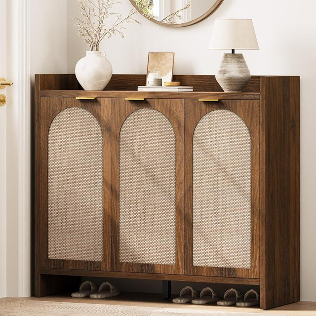 Curlaky Shoe Cabinet Storage for Entryway - Rattan Accent Cabinet with 3 Doors & Adjustable Shelves, 6-Tier Large Wood Shoes Cabinets with Organizer Rack for Entry Way, Hallway, Living Room, Walnut