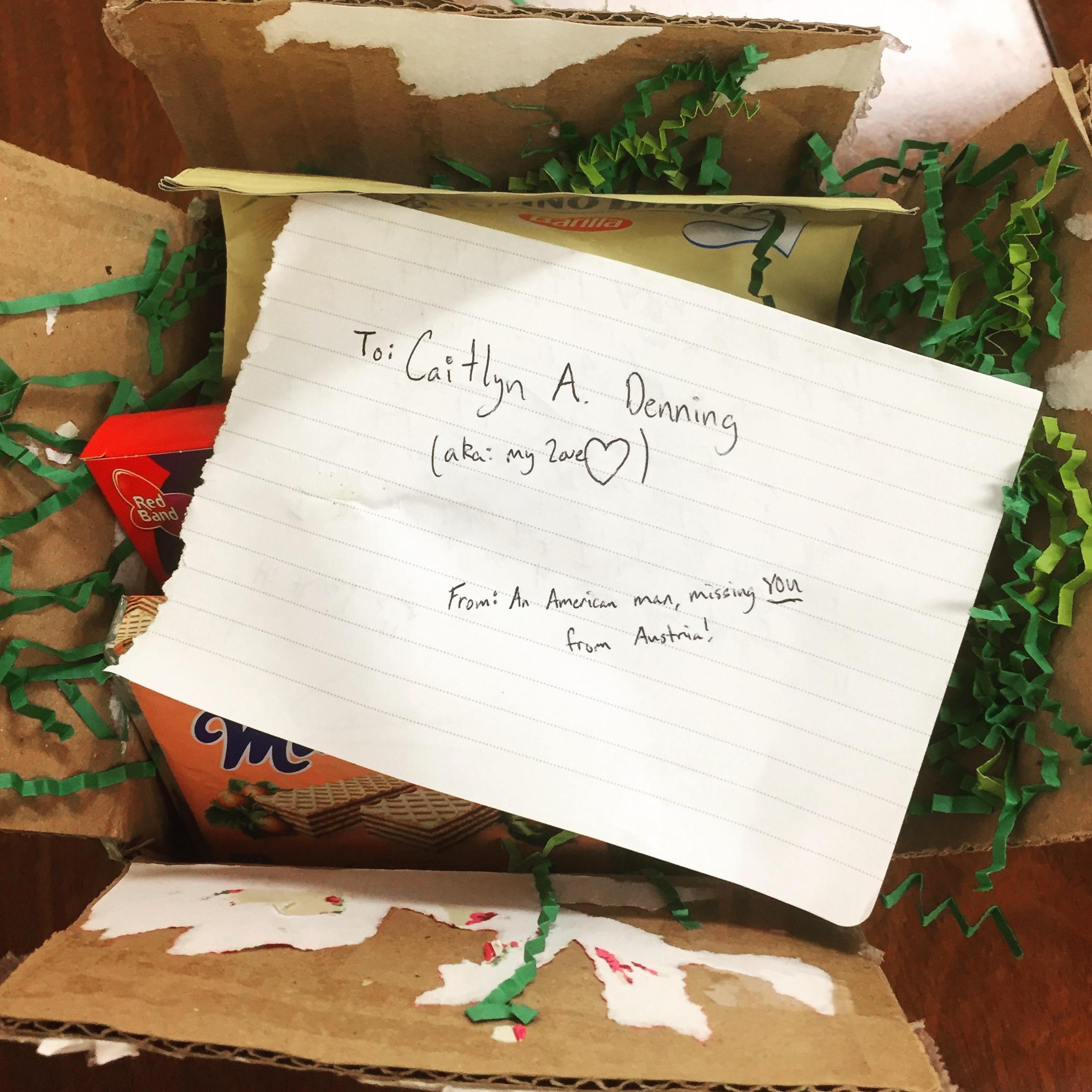 Early May 2018: The sweetest care package sent across the ocean. Connor sent this as a "finals stress management" gift---some of his favorite European cookies and candies!