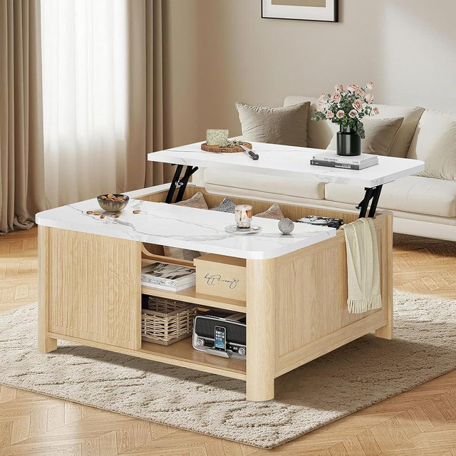 Decofy Lift Top Coffee Table with Storage, 31.5" Mid Century Modern Square Coffee Tables for Living Room, Large Hidden Storage Compartment, Adjustable Shelves & Sliding Door, Oak