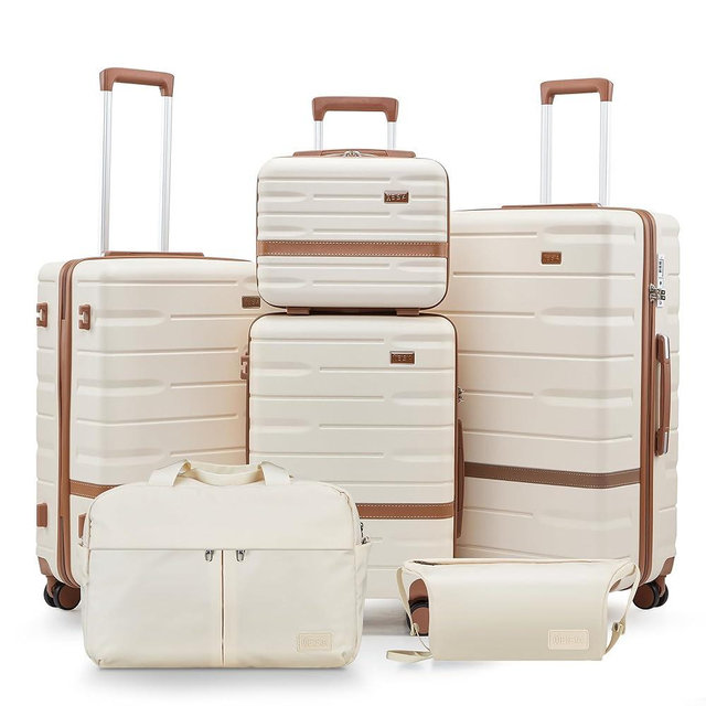 Luggage Sets, Suitcase with Spinner Wheels, PC+ABS Hardshell Travel Luggage Set with TSA Locks,Lightweight Rolling Luggage，Carry on suitcase with YKK Zippers(Beige, 6 piece set(14/20/24/28/DB/TB))