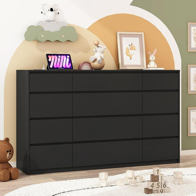 Black Malm Dresser for Bedroom, 63" Wide 37" Tall Dresser with 12 Drawers & Charging Station, Modern Large Wood Chest of Drawers Handle Free for Bedroom, Living Room, Entryway, Hallway, Black