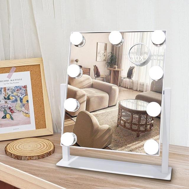SLIMOON Hollywood Vanity Mirror with Lights, 9 Dimmable LED Bulbs Lighted Makeup Mirror with Detachable 10X Magnification Mirror, 1200mAh Rechargeable, 3 Color Lights, Gifts for Women Mom Teen Girls