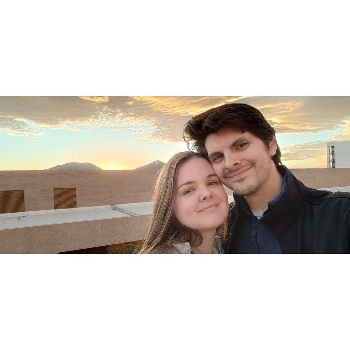 This picture was taken after the couple's first time at the Tucson Gem & Mineral Show in Arizona on their first vacation together in 2023.