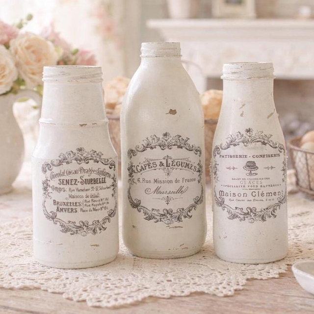3 French Country White Glass Jars/Bottles Vases - CottageCore Shabby Chic Table Decor Centerpiece - Paris France Apt Wedding Office Kitchen