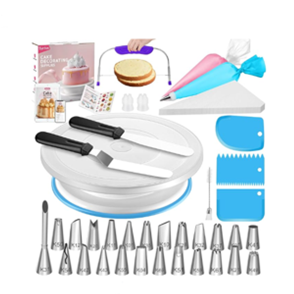 Syntus 65 PCs Cake Decorating Kit with Cake Stand Turntable, Cake Baking Supplies 30+1 Piping Bags, 24 Piping Tips, Offset & Straight Spatulas, 3 Scrapers, Leveler, 2 Couplers & 1 Tips Brush