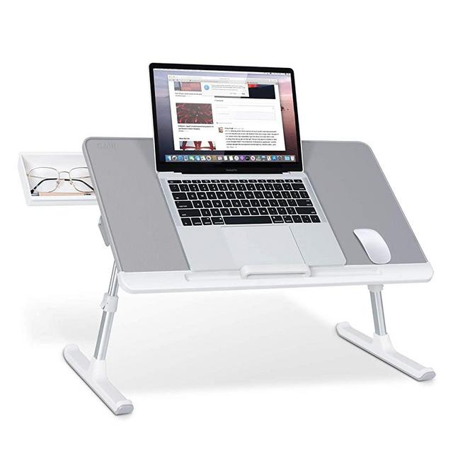 Laptop Bed Tray Table, SAIJI Adjustable PVC Leather Laptop Bed Table, Portable Standing Desk with Storage Drawer, Foldable Lap Tablet Table for Sofa Couch Floor (Gray,Large)
