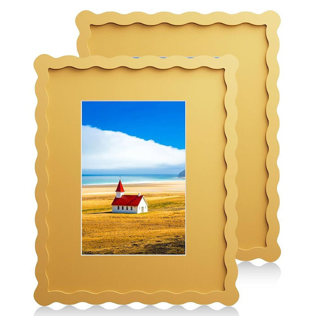 Chrspk 8X10 Wavy Picture Frame With Mat For 5x7, Wavy Edge Wooden Picture Frame with Real Glass - Wall Mount and Tabletop Display, Yellow, 2 Pack