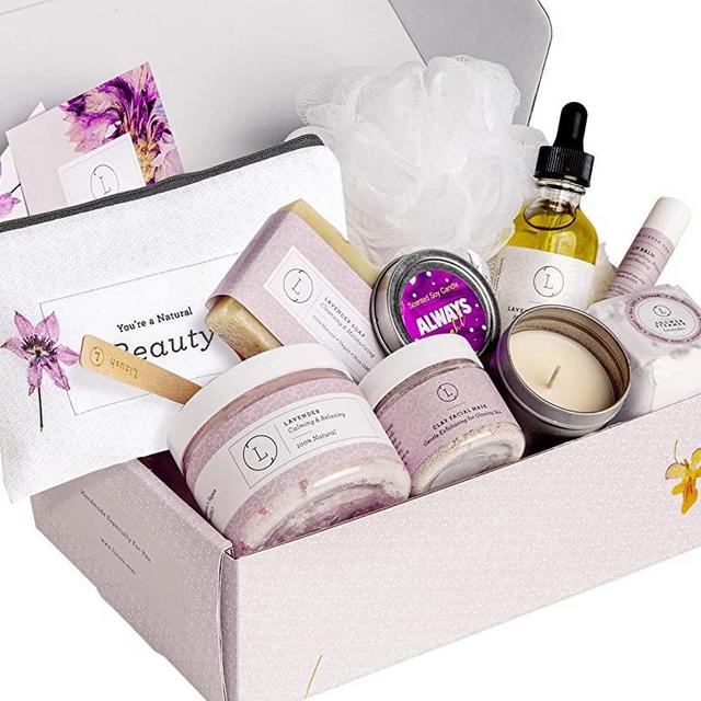 Spa Gift Set, Handmade Lavender Gift Box, Relaxing 9 pcs Package for Women, Including Soap Bar, Facial Mask, Shower Streamer, Body Oil, Lip Balm, Cosmetic Bag, Soy Candle & Sponge by Lizush