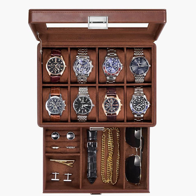 ProCase Watch Box for Men, Jewelry Organizer Box with Drawer, Display Storage Case with Glass Lid -Brown, 8 Slot