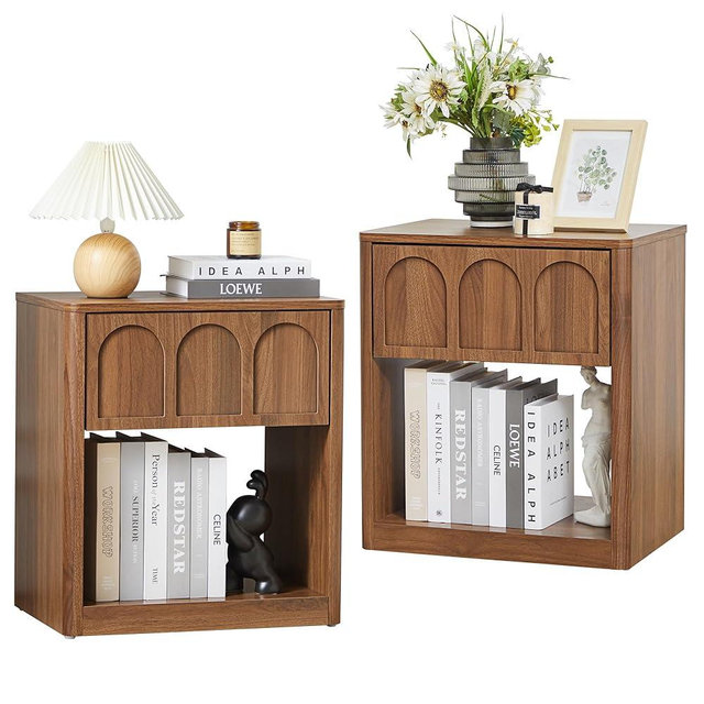 Nightstand Set of 2, 19.69" Wide Bedside Table with Arched Finish, Modern Night Stands with Curved Profile, Mid Century End Table for Bedroom Living Room (Walnut-2 Packs)