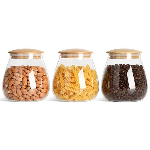 ComSaf Airtight Glass Storage Canister with Wood Lid (30oz/900ml), Round Clear Food Storage Container Jar with Sealing Bamboo Lid for Nut Coffee Beans Flour Cereal Rice Sugar Tea, Set of 3
