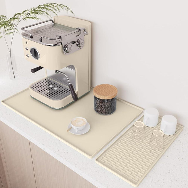 Silicone Coffee Mat - 24" x 16" Removable Bar Mat, Waterproof Leak-Proof Dish Drying Pad, Fits Under Coffee Makers and Espresso Machines to Keep Surfaces Clean, Beige