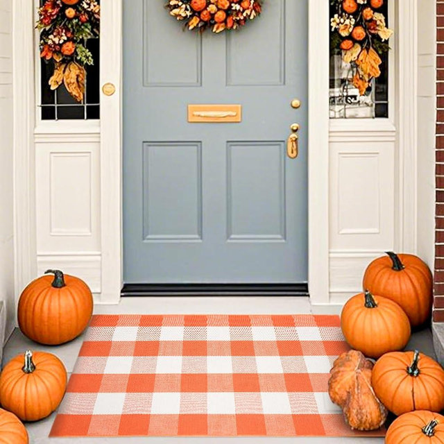 Fall Cotton Orange and White Plaid Rug - 27.5 x 43 Inches, Hand-Woven Indoor/Outdoor Layered Cotton Blend Buffalo Plaid Rug, Washable Front Door Mat, Perfect for Porch, Living Room, Entryway