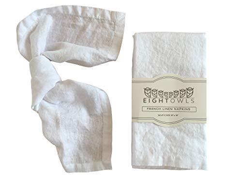Eight Owls Linen Napkins –100% French Flax – Stonewashed Pure Linen Cloth Napkins - Size 18 Inch x 18 Inch – Set of 4 (Pure White)