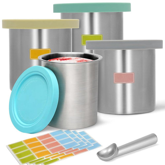 Stainless Steel Pints and Lids Replacement for Ninja Creami Containers, Compatible with Ninja Creami Ice Cream Maker NC300, NC301, NC299AMZ Series – 4 Pack 16 oz, Includes Writable Color Labels