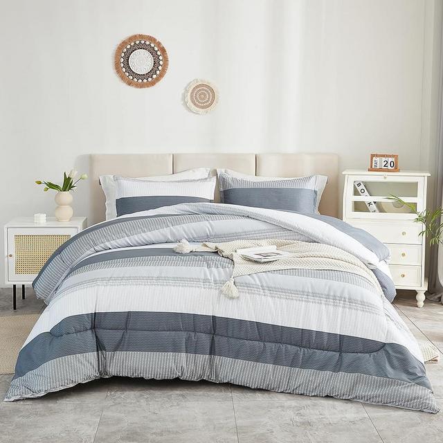 Litanika Queen Comforter Set Light Grey - 3 Pieces Lightweight Gray White Colorblock Stripe Fluffy Bedding Comforter Sets, All Season Bed Set