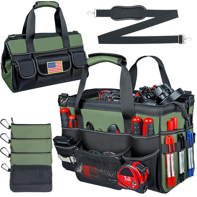 Heavy Duty Tool Bag 20-Inch, 28-Pocket Portable Soft Tool Box Organizer Storage with 4 Detachable Tool Pouch Zipper Bag, Handle Tactical Carry Tote Empty Toolbox with Large Zipper, Gifts for Men Dad
