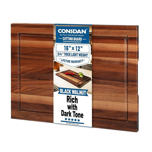 CONSDAN Wood Cutting Board for Kitchen, 16 x 12, USA Grown Solid Black Walnut Hardwood, Edge Grain, Chopping Board, Butcher Block with Juice Groove, Prefinished with Food-Safe Oil, 3/4" Thick