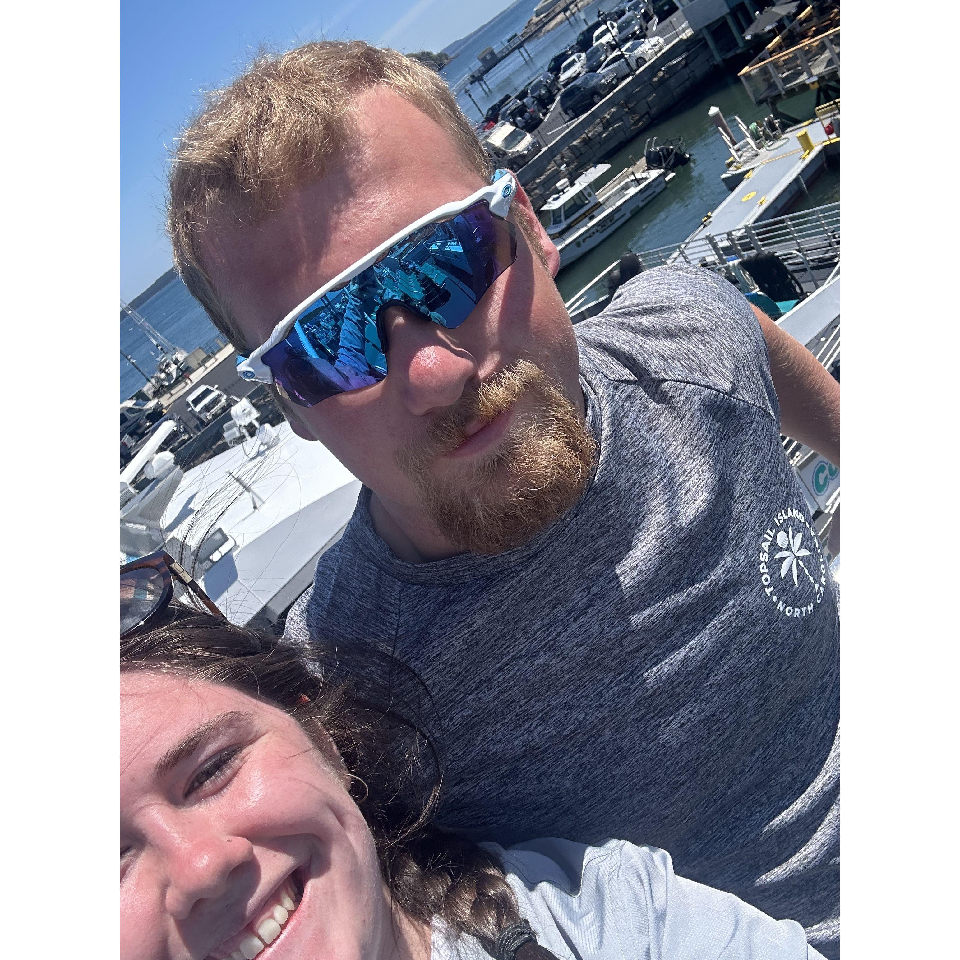 Getting ready to go whale watching!! (not knowing it would be a 5 hour boat ride into Canadian waters, with everyone puking around us. Sophie's worst nightmare...)