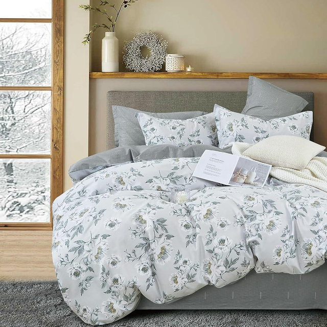 LEMIROE 100% Cotton Floral Duvet Cover King Size 3PC – Printed with Vintage Ivory Flowers & Dark Yellow Stamens on Off White, Light Grey Bedding Set with Button Closure(104"×90")