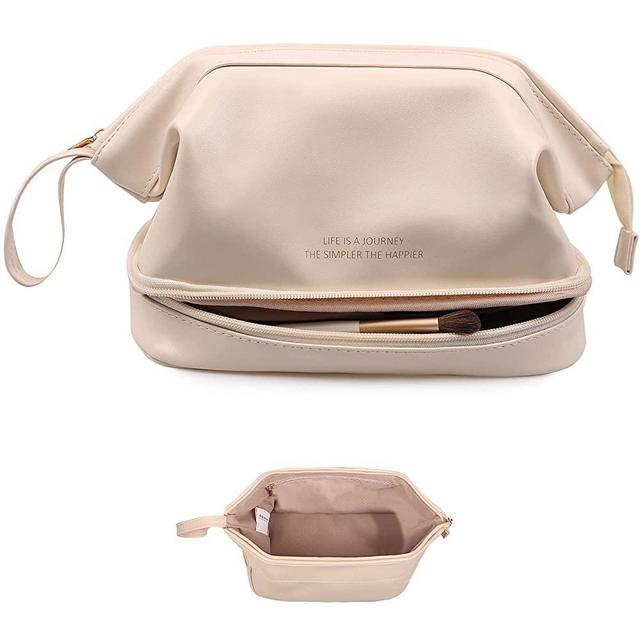 Large Makeup Bag,Double Layer Cosmetic Bag,Travel Makeup Bag,Leather Makeup Bag, Cosmetic Travel Bags,Portable Leather Toiletry Bag,Roomy Cosmetic Bag for Women and Girls.White