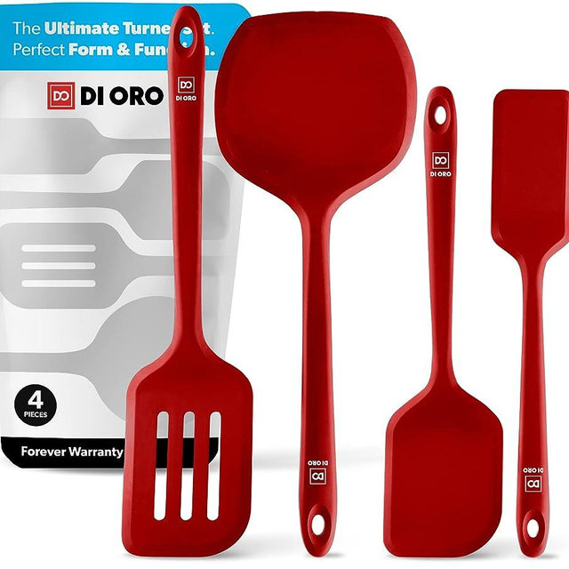 New DI ORO Seamless Series Moda 4-Piece Silicone Turner Spatula Set - 600°F Heat-Resistant Flexible Kitchen Spatulas for Nonstick Cookware - Flippers for Eggs & Pancakes - Utensils for Cooking (Red)