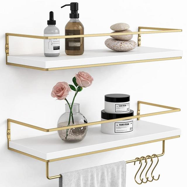 Bathroom Floating Shelves Wall Mounted Over Toilet White, Set of 2, Modern Wood Storage Shelf with Gold Towel Bar Hooks, Decor Wall Shelving for Bedroom, Nursery, Kitchen - by Forbena (White)