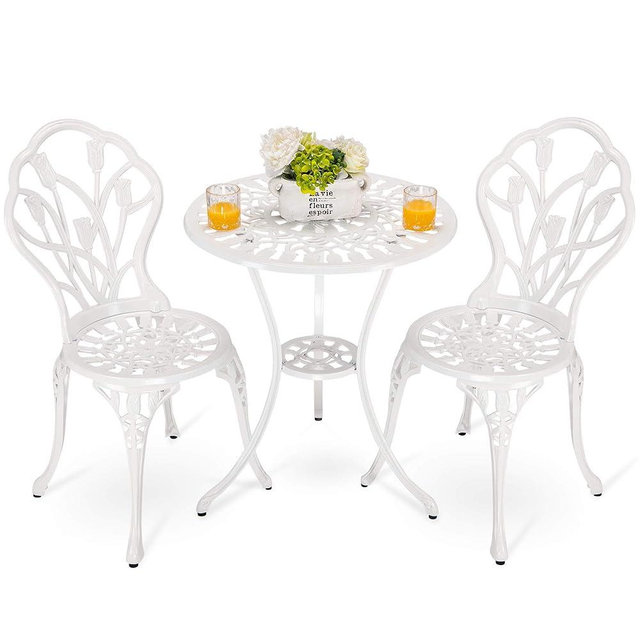 HOMEFUN Bistro Table and Chairs Set of 2 Outdoor 3 Piece Patio Set Tulip Pattern Cast Aluminum Bistro for Garden Balcony, Durable Rust All-Weather Resistance (White)