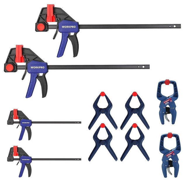 WORKPRO 10-Pack Clamps for Woodworking, 12" & 6" Bar Clamps, 2 Quick-Release Ratcheting Wood Clamps and 4 Spring Clamps, Light Duty F Clamps/Spreader 150 LBS Load Limit