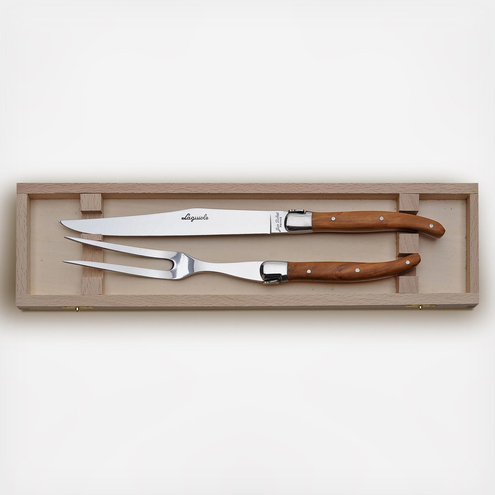 Jean Dubost, Laguiole Olive Wood Carving Set in a Clasp Box | Zola