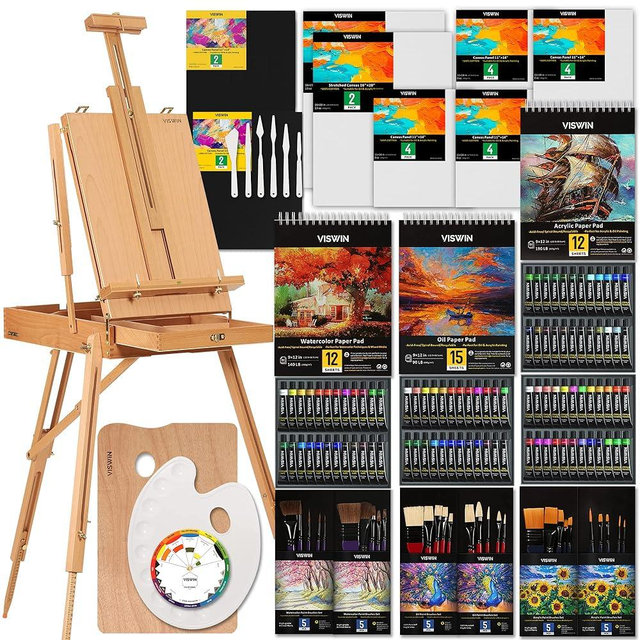 VISWIN All-in-One Artist Painting Set, 147 Pcs Professional Painting Kit with French Easel, 96 Oil, Watercolor & Acrylic Paint Set, Canvas, Paintbrush, Palette, Paint kit for Adult, Artist, Beginner