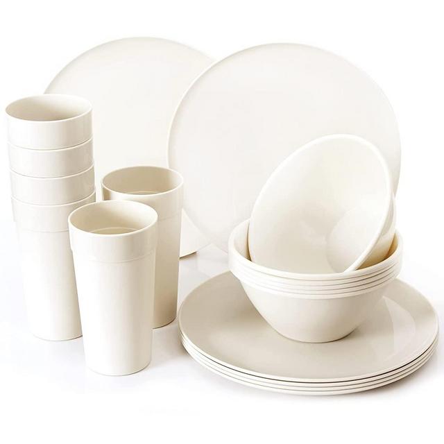 Youngever 18-Piece Plastic Kitchen Dinnerware Set, Plates, Dishes, Bowls, Cups, Service for 6 (Cream)