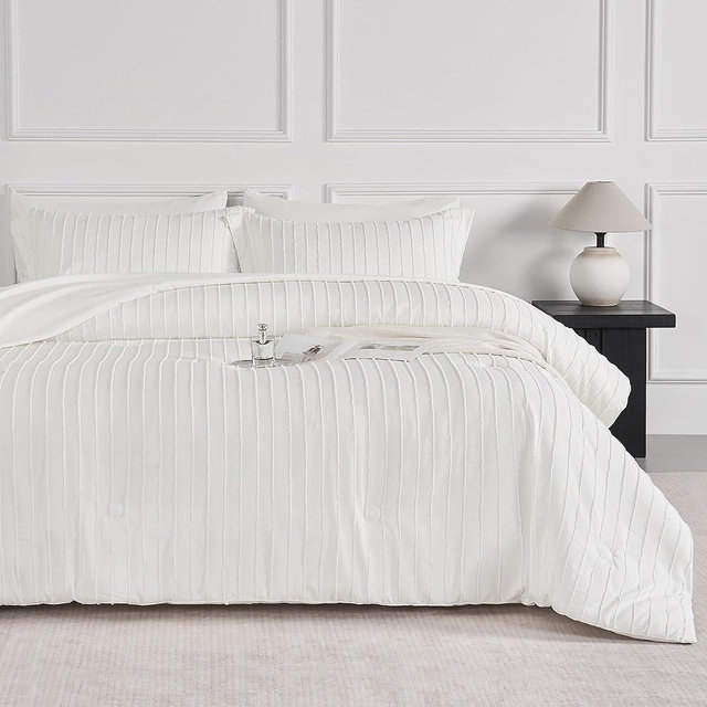 JELLYMONI King Comforter Set - White Striped Tufted Bedding Sets, 7 Pieces Bed in a Bag with Fluffly Comforter, Sheets, Pillowcases & Shams