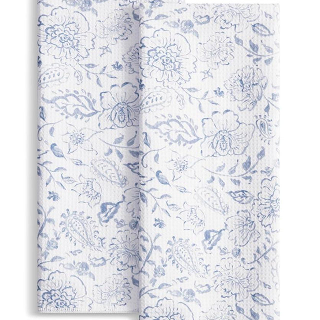 Nestinco Set of 2 Waffle Weave Kitchen Towels, 380 GSM Absorbent Quick-Dry Microfiber Dish Towels, Blue White Floral Tea Towels, 18 x 30 Inches, Kitchen Decor