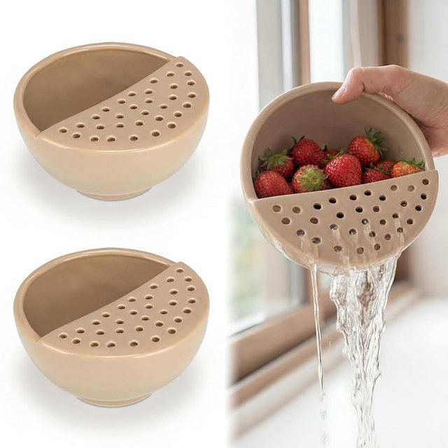 Hushee Ceramic Berry Basket with Holes Set of 2 Ceramic Fruit Container 2 In 1 Washing Bowl 6'' Strainer Bowl Fruit Bowls Colander for Kitchen Strawberry Grape Cherry Stoneware Fridge Harvest Bowls