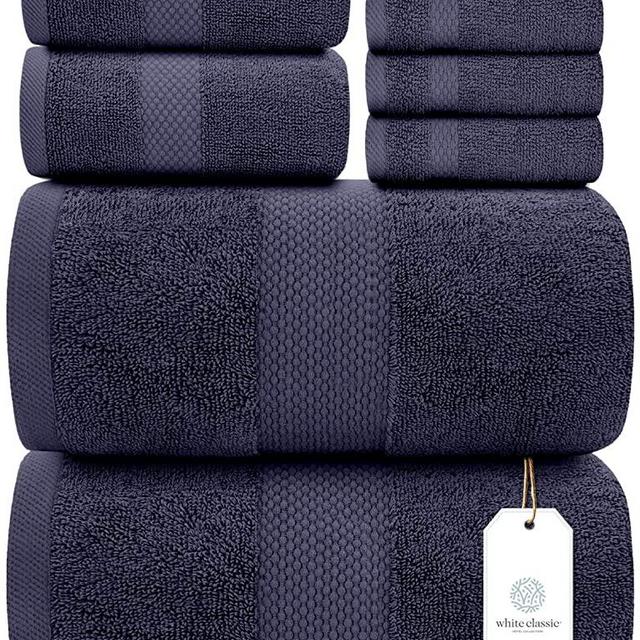 Luxury 8 Piece Bath Towel Set White - 700 GSM Combed Cotton Hotel Towels - 2 Bath, 2 Hand, 4 Washcloths (Navy Blue, 8)