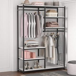 (White-Black) Free-Standing Closet Organizer Double Hanging Rod Clothes Garment Racks - White-black