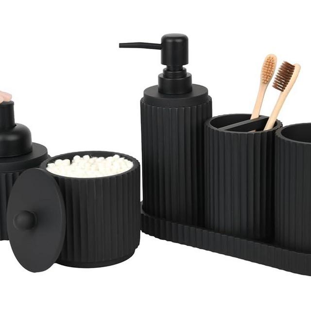 Black Bathroom Accessories Set 6 Pcs - Toothbrush Holder,Lotion Soap Dispenser,Foaming Soap Dispenser,Qtip Holder Dispensers,Vanity Tray,Bathroom Tumbler - Countertop Organizer-Bathroom Accessory Set