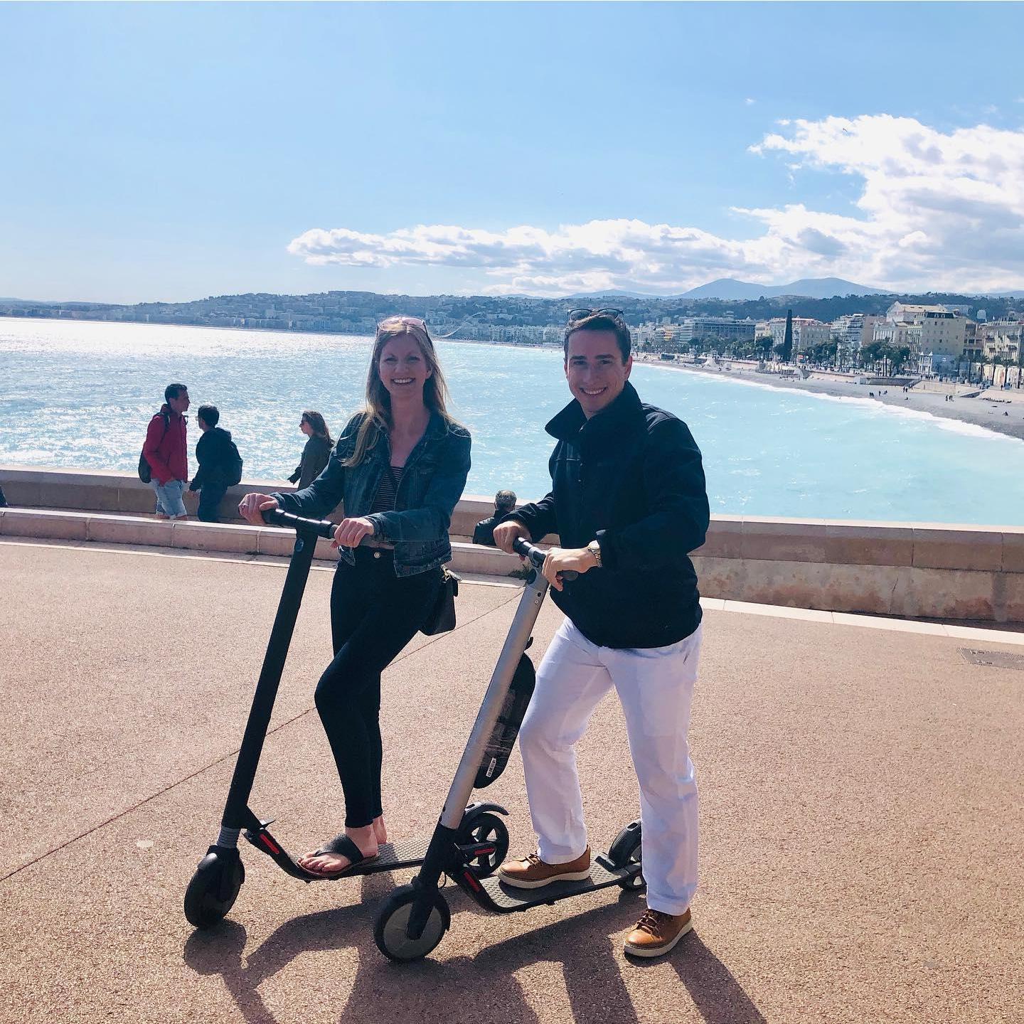 Riding around the city of Nice, France on electric scooters.