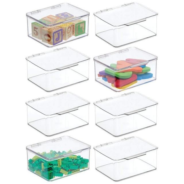mDesign Plastic Stackable Organizer Toy Box with Attached Lid for Storage of Action Figures, Crayons, Markers, Building Blocks, Puzzles, Craft or School Supplies - 3" High, 8 Pack - Clear